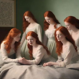 A realistic depiction of five redhead women with fair skin kneeling down on a bed