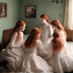 A realistic depiction of five redhead women with fair skin kneeling down on a bed