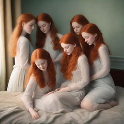 A realistic depiction of five redhead women with fair skin kneeling down on a bed