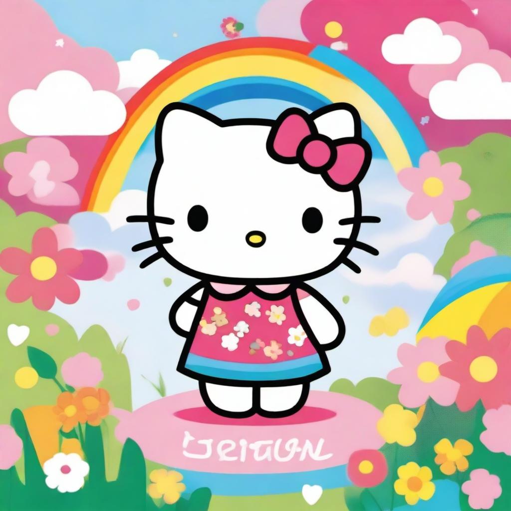 A cute and friendly Hello Kitty character standing in a colorful and whimsical background, surrounded by flowers and rainbows