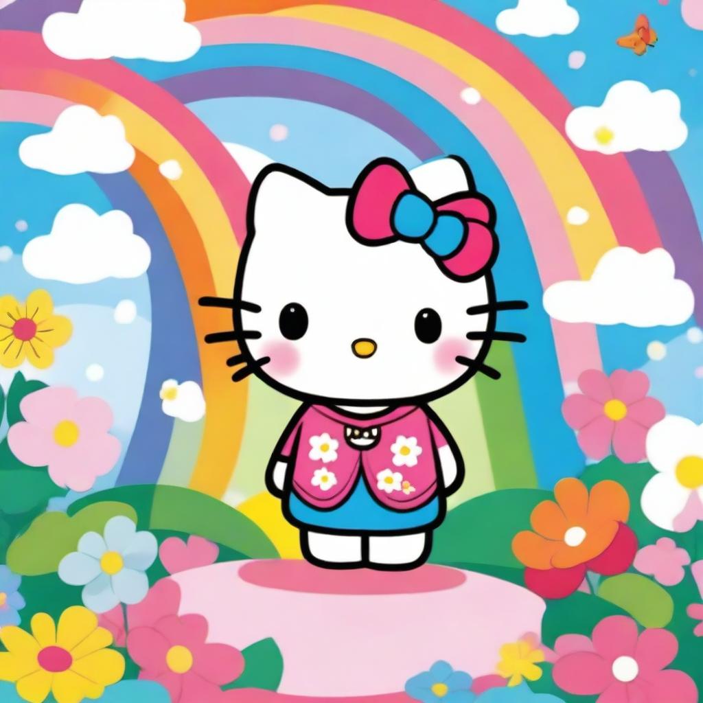 A cute and friendly Hello Kitty character standing in a colorful and whimsical background, surrounded by flowers and rainbows