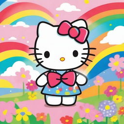 A cute and friendly Hello Kitty character standing in a colorful and whimsical background, surrounded by flowers and rainbows