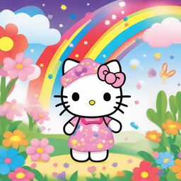 A cute and friendly Hello Kitty character standing in a colorful and whimsical background, surrounded by flowers and rainbows