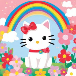 A cute and adorable image of Hello Kitty, the iconic white cat with a red bow on her left ear, sitting in a colorful and cheerful background with flowers and rainbows