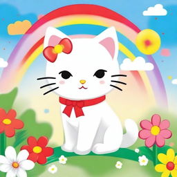 A cute and adorable image of Hello Kitty, the iconic white cat with a red bow on her left ear, sitting in a colorful and cheerful background with flowers and rainbows