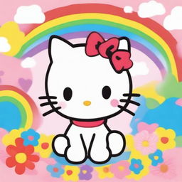 A cute and adorable image of Hello Kitty, the iconic white cat with a red bow on her left ear, sitting in a colorful and cheerful background with flowers and rainbows