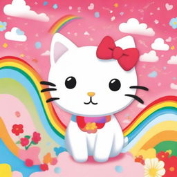 A cute and adorable image of Hello Kitty, the iconic white cat with a red bow on her left ear, sitting in a colorful and cheerful background with flowers and rainbows