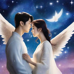 A beautiful Korean woman searching for her angel, a very handsome Korean man with angel wings, set in the cosmos