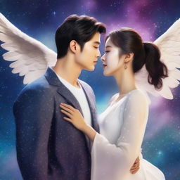 A beautiful Korean woman searching for her angel, a very handsome Korean man with angel wings, set in the cosmos