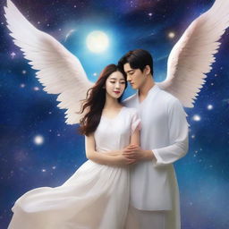 A beautiful Korean woman searching for her angel, a very handsome Korean man with angel wings, set in the cosmos