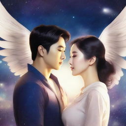 A beautiful Korean woman searching for her angel, a very handsome Korean man with angel wings, set in the cosmos