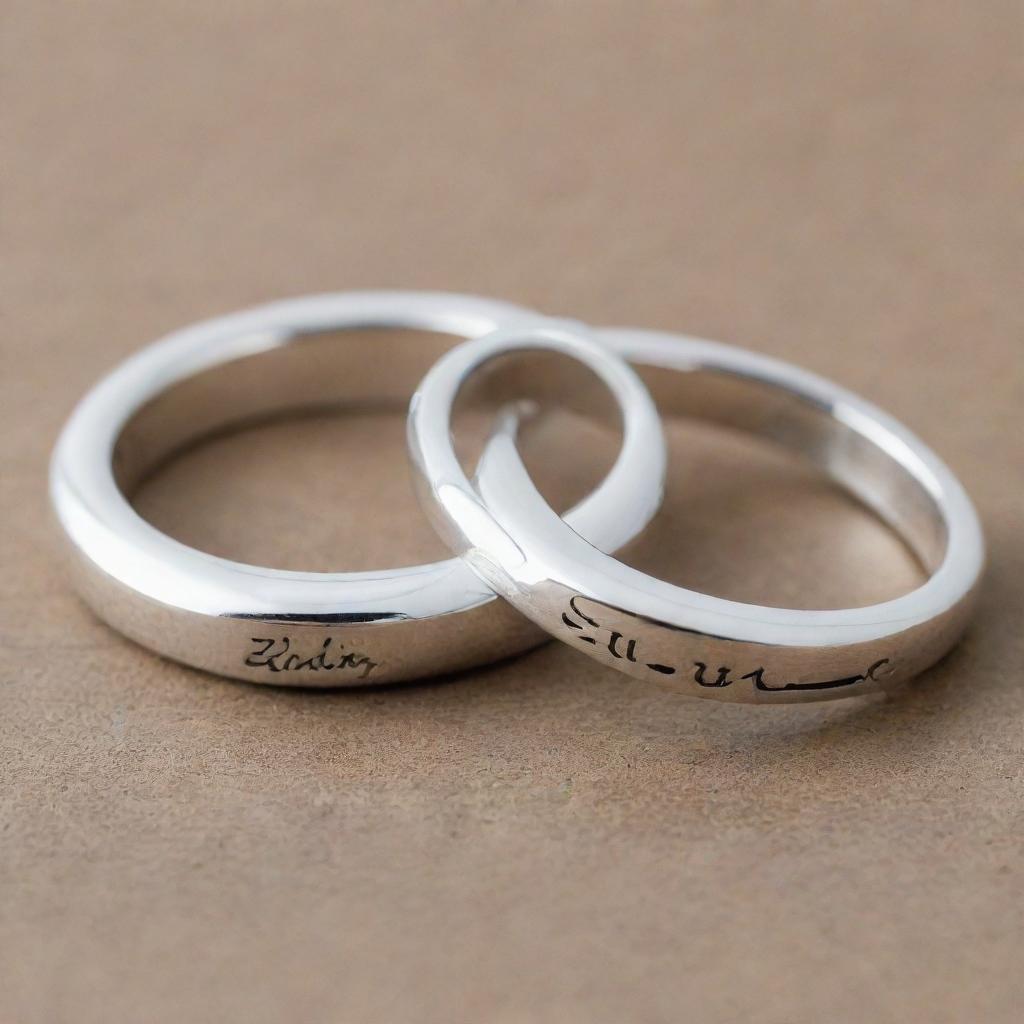 Two identical silver engagement rings each featuring a unique name. The first ring is engraved with the name 'Reda' and the second one is engraved with the name 'Yujin'.