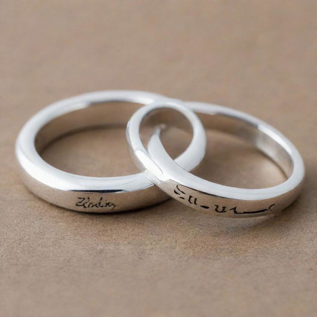 Two identical silver engagement rings each featuring a unique name. The first ring is engraved with the name 'Reda' and the second one is engraved with the name 'Yujin'.