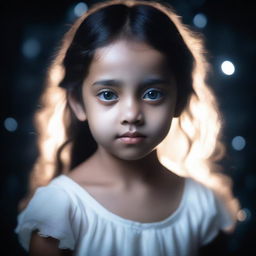 A young girl around 8 years old wearing a white dress