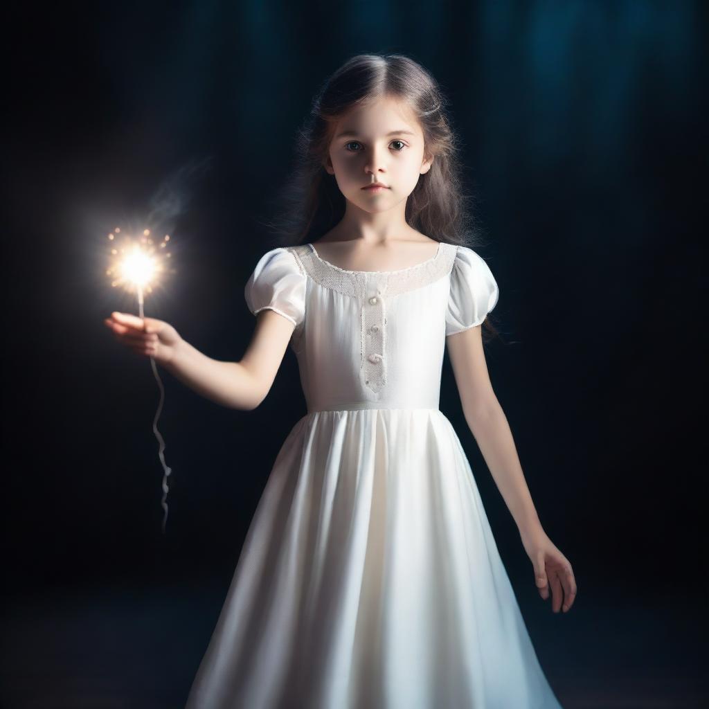 A full-body image of a young girl around 8 years old wearing a white dress