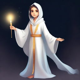 A full-body image of a young Morish girl around 8 years old wearing a white abaya