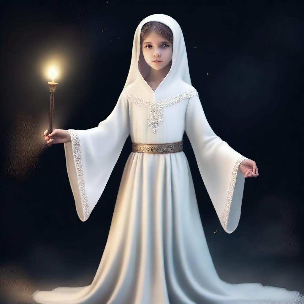 A realistic, full-body image of a young Morish girl around 8 years old wearing a white abaya