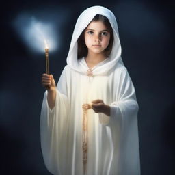 A realistic, full-body image of a young Morish girl around 8 years old wearing a white abaya