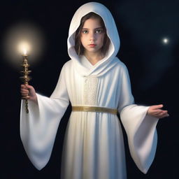 A realistic, full-body image of a young Morish girl around 8 years old wearing a white abaya