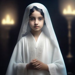 A full-body image of a young Morish girl around 8 years old wearing a white abaya