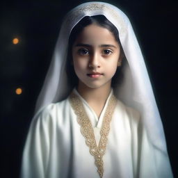 A full-body image of a young Morish girl around 8 years old wearing a white abaya