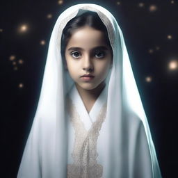 A full-body image of a young Morish girl around 8 years old wearing a white abaya