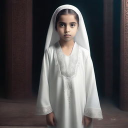 A full-body image of a young Morish girl around 8 years old wearing a white abaya