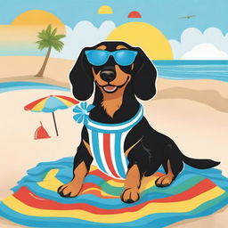 A poster featuring a black and tan long hair dachshund wearing a blue flower bathing suit and blue sunglasses