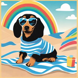 A poster featuring a black and tan long hair dachshund wearing a blue flower bathing suit and blue sunglasses