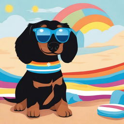 A poster featuring a black and tan long hair dachshund wearing a blue flower bathing suit and blue sunglasses