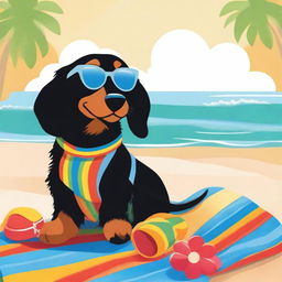 A poster featuring a black and tan long hair dachshund wearing a blue flower bathing suit and blue sunglasses