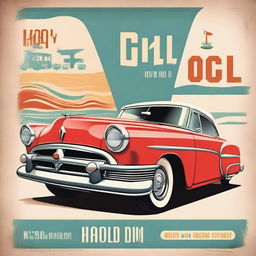 Create a vintage 1950s poster featuring classic design elements such as bold typography, retro color palette, and iconic imagery like jukeboxes, classic cars, and happy families