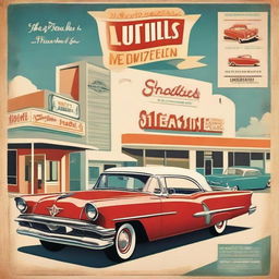 Create a vintage 1950s poster featuring classic design elements such as bold typography, retro color palette, and iconic imagery like jukeboxes, classic cars, and happy families