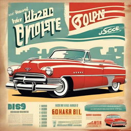 Create a vintage 1950s poster featuring classic design elements such as bold typography, retro color palette, and iconic imagery like jukeboxes, classic cars, and happy families