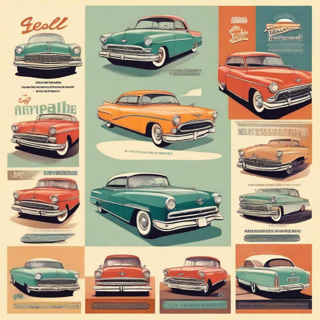 Create a vintage 1950s poster featuring classic design elements such as bold typography, retro color palette, and iconic imagery like jukeboxes, classic cars, and happy families