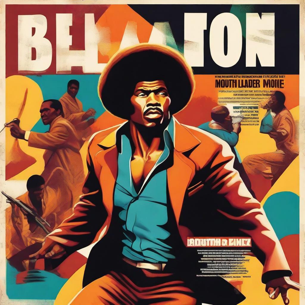 Create a vibrant and dynamic blaxploitation movie poster featuring a heroic African American protagonist in 1970s attire, surrounded by action scenes, funky typography, and bold colors