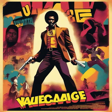 Create a vibrant and dynamic blaxploitation movie poster featuring a heroic African American protagonist in 1970s attire, surrounded by action scenes, funky typography, and bold colors