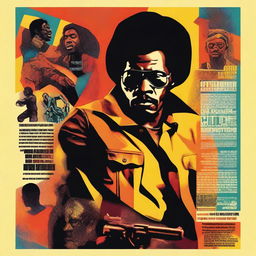 Create a vibrant and dynamic blaxploitation movie poster featuring a heroic African American protagonist in 1970s attire, surrounded by action scenes, funky typography, and bold colors