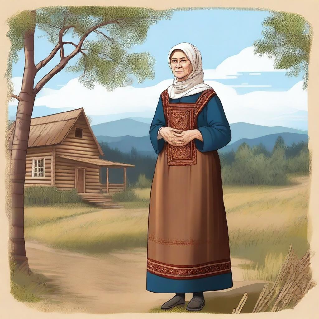 A detailed 2D illustration of a traditional Russian old woman in full growth