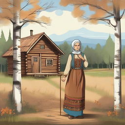 A detailed 2D illustration of a traditional Russian old woman in full growth