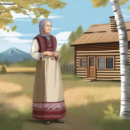 A detailed 2D illustration of a traditional Russian old woman in full growth