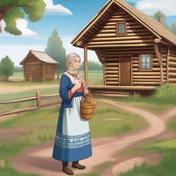 A detailed 2D illustration of a traditional Russian old woman in full growth