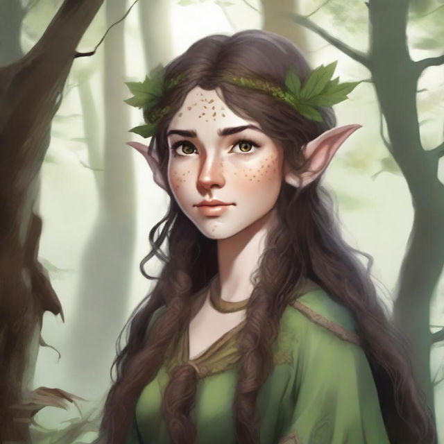 A detailed illustration of an Elf Druid with brown hair and freckles