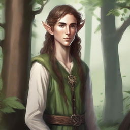 A detailed illustration of an Elf Druid with brown hair and freckles