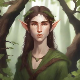 A detailed illustration of an Elf Druid with brown hair and freckles