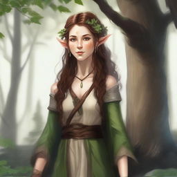 A detailed illustration of an Elf Druid with brown hair and freckles