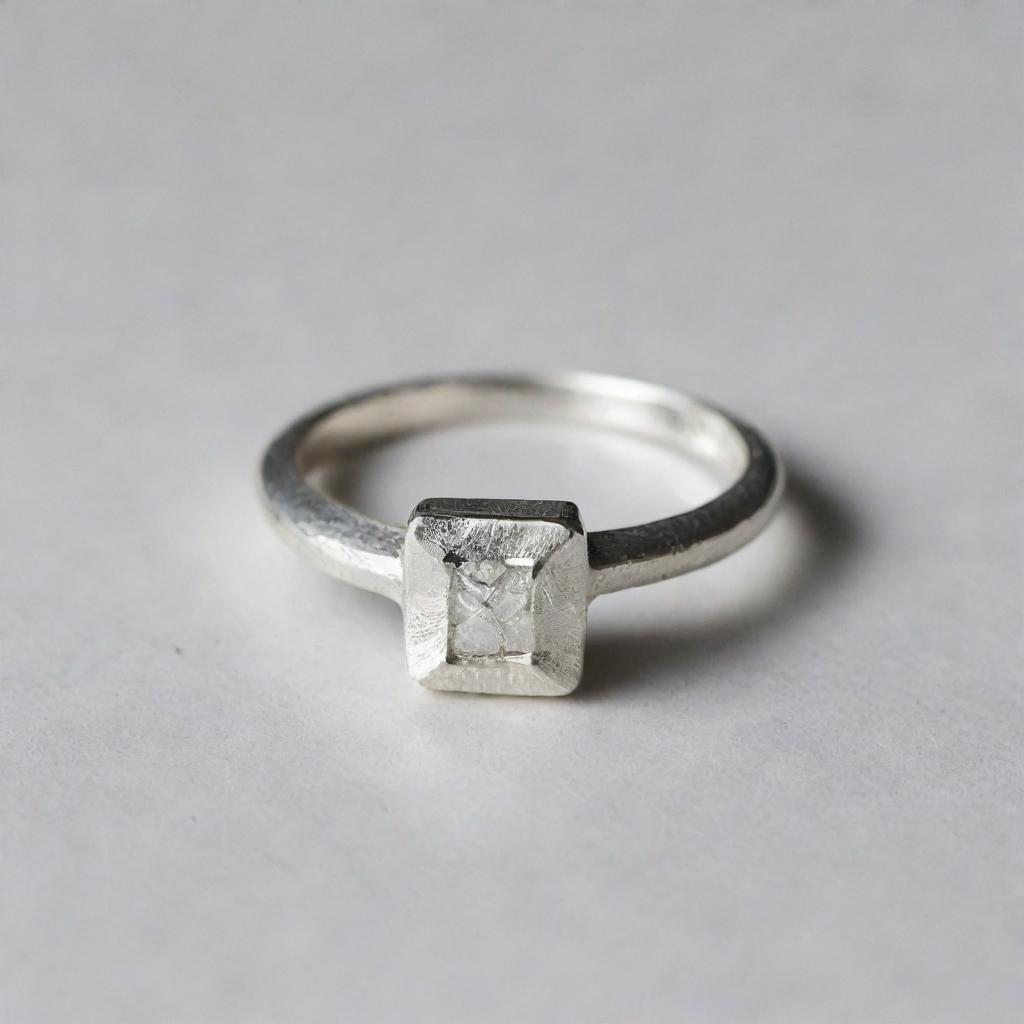 A sterling silver square engagement ring subtly etched with the name 'Yujin'.