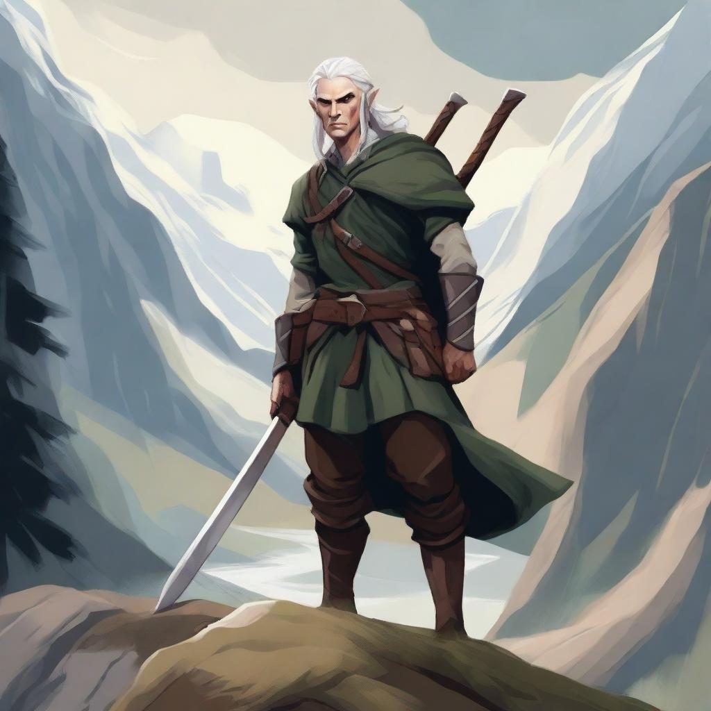 A captivating illustration of a tall High Elf outlander wielding an axe