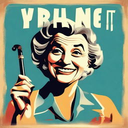 Create a vintage movie poster featuring an old lady smiling while holding a whip in her right hand