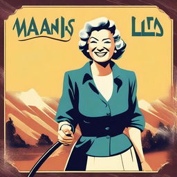 Create a vintage movie poster featuring an old lady smiling while holding a whip in her right hand